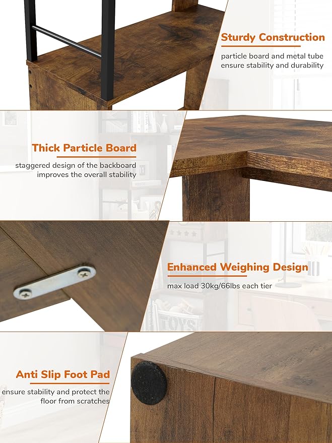 7 Tier Corner Bookshelf 74 Inches Tall Corner Bookcase Industrial L Shaped Book Shelf with Metal Frame Display Rack Storage Organize for Home Office,Living Room,Bed Room (Brown)