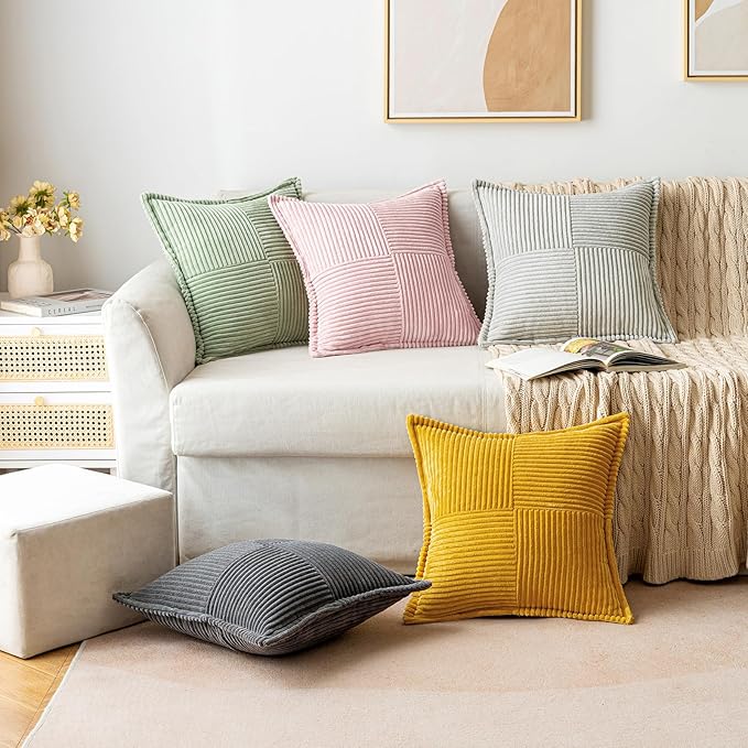 MIULEE Decorative Throw Pillow Covers for Couch Bed Livingroom 20x20 Inch Set of 2 Pink Boho Accent Throw Pllows Broadside Striped Patchwork Soft Corduroy Pillowcases