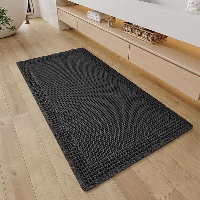 RESARE Waffle Bathroom Runner Rugs, Super Absorbent Bath Mat Non Slip Washable Quick Dry, Upgraded Ultra Soft Boho Bath Rugs with Tassels for Hallway Bedroom Laundry Room, 2'x4'(24"x48"), Black