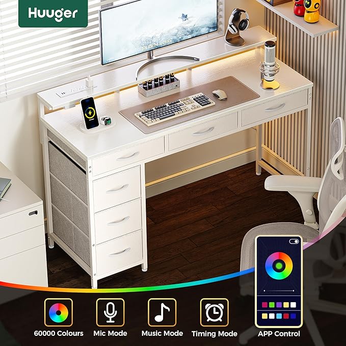 Huuger Gaming Desk with 6 Drawers, Computer Desk with LED Lights Power Outlets and Type-C, 39 Inch Office Desk with Storage, Monitor Stand, Writing Desk Work Desk Home Office, Bedroom, Study, White