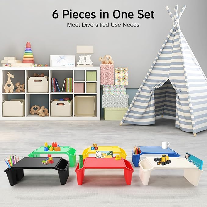 6 Pcs Kids Lap Desk Tray, Plastic Breakfast Lap Desk Trays with Side Pockets and Slot, Portable Lap Table Snack Tray for Eating, Writing, Drawing, Game, 19.69" L x 9.84" W x 7.1" H (6 Colors)