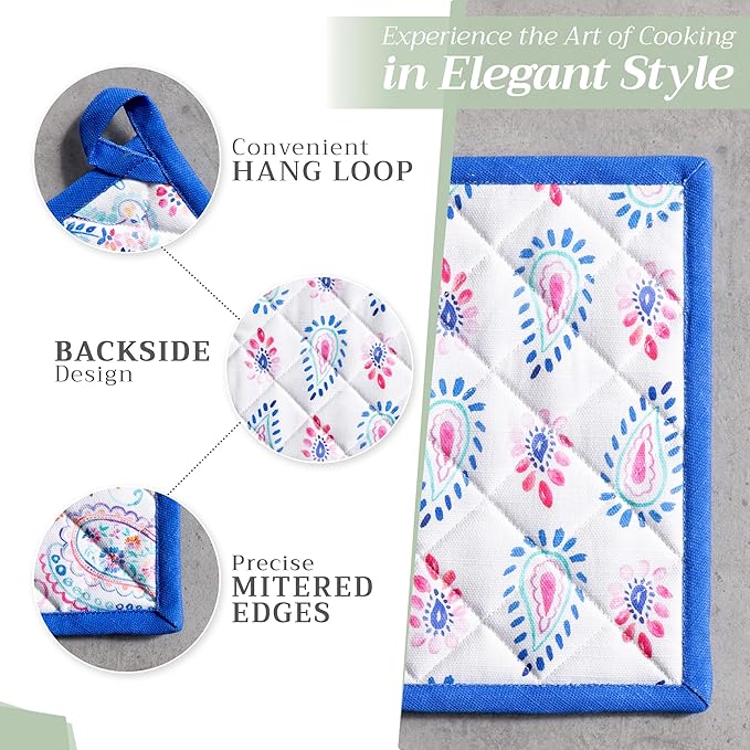 Maison d' Hermine Pot Holders 100% Cotton Heat Resistant Potholders 8" x 8" Hot Pads with Loop BBQ, Cooking, Baking, Grilling, Kitchen, Handling Hot Pans Spring/Summer (Pack of 1, Indian Floral)