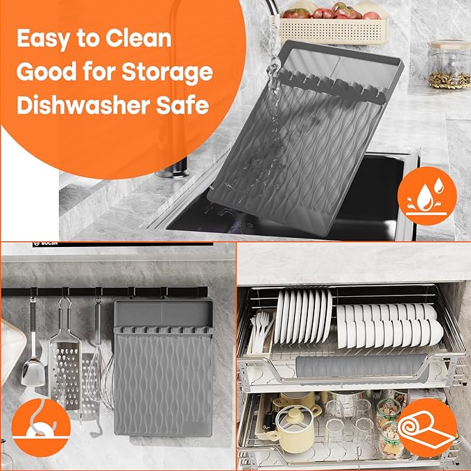 Silicone Griddle Tools Mat with Drip Pad for Blackstone – Non-Slip Spatula Rest & Side-Shelf Mat for Outdoor Grill Kitchen Counter, Heat-Resistant Grill Pad, Blackstone Griddle Accessories（Gray）