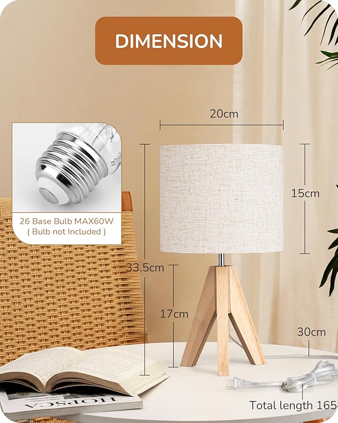 EDISHINE Small Table Lamp, Boho Bedside Lamp with Linen Fabric Shade, Wood Tripod Nightstand Lamp for Nursery, Living Room, Bedroom, Narrow End Table, UL Listed, 14.2 Inch, ON/Off Switch