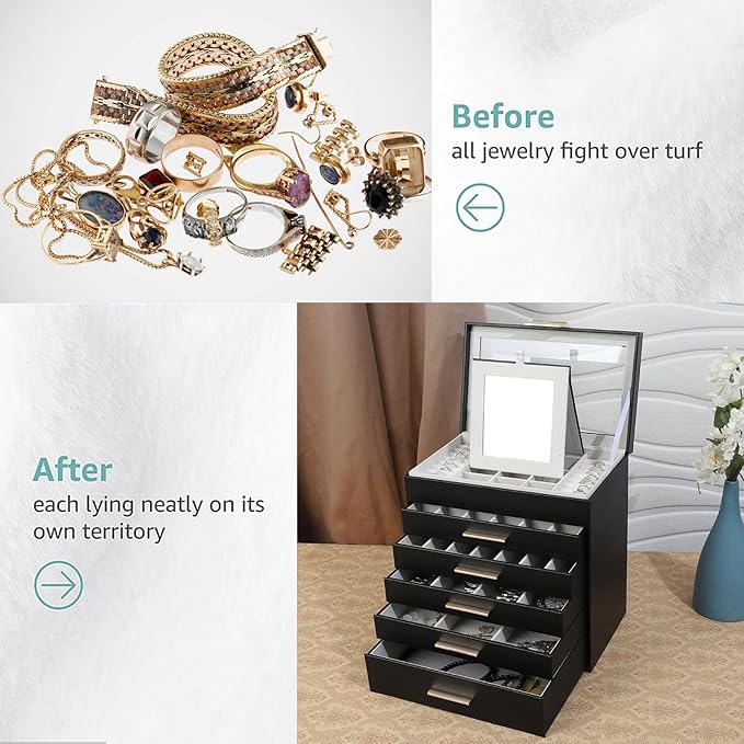 BOOVO Jewelry Box for Women, Black 6 Layer Large Jewelry Organizer with Glass Lid for Necklace, Bracelet, Earrings, Rings Storage, Jewelry Organizers and Storage for Girls Gift (Clear Black, 6 layer)
