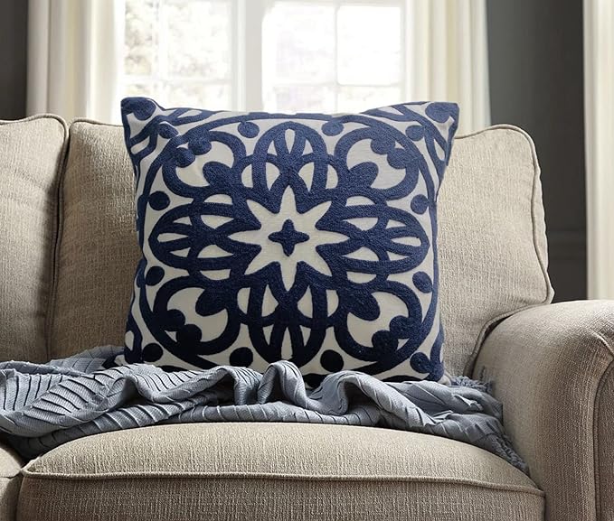 Alysheer Embroidered Decorative Throw Pillow Cover 20"x 20", Boho Mandala Modern Thick Embroidery Pattern, Durable Cotton Canvas Soft Cushion Case for Sofa Couch Bed Living Room (Navy Blue)