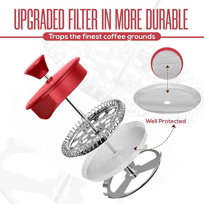 Utopia Kitchen 34 Ounce 1 Liter French Press Coffee Maker, Tea Maker, Travel Coffee Presses, Heat Resistant Thickened Borosilicate Coffee Pot for Camping Travel Gifts, Red Pack of 1