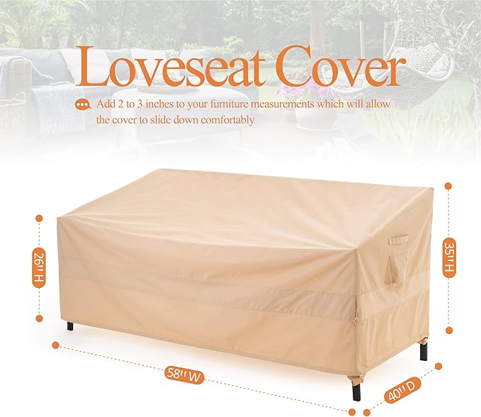 WJ-X3 2-Seater Loveseat Cover, Waterproof, UV-Resistant & Windproof, 58" x 40" x 35", Beige