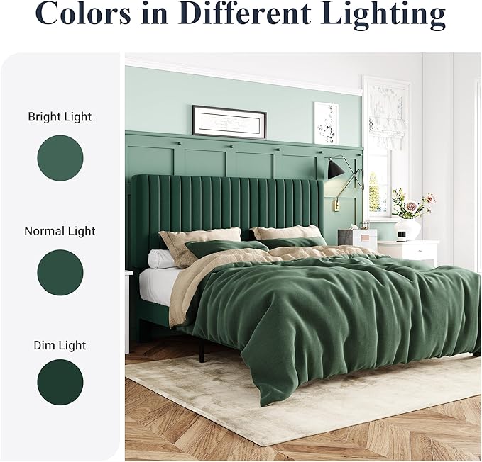 Allewie King Bed Frame, Velvet Upholstered Platform Bed with Adjustable Vertical Channel Tufted Headboard, Mattress Foundation with Strong Wooden Slats, Box Spring Optional, Easy Assembly, Green