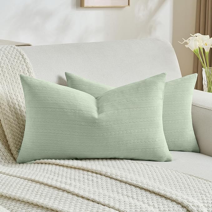 FUTEI Sage Green Decorative Throw Pillow Covers 12x20 Inch Set of 2,Soft Cozy Wheat Ear Striped Patterns Lumbar Pillow Cases,Modern Home Decor for Couch Bed Living Room