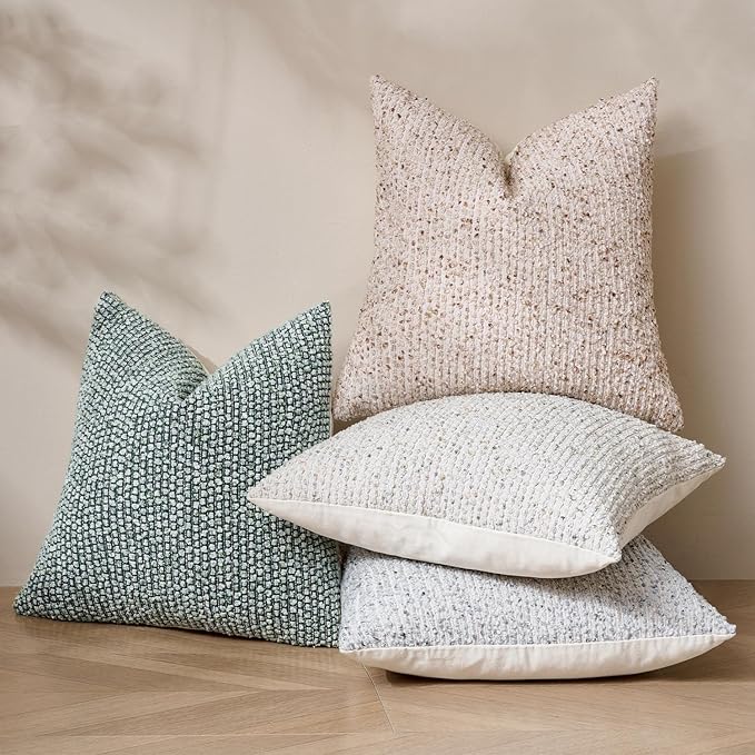 Striped Throw Pillow Covers 18x18 Set of 2 Cream Grey Textured Boucle Chic Morden Boho Accent Farmhouse Square Decorative Couch Pillow Covers for Home Decor Bed Sofa Living Room