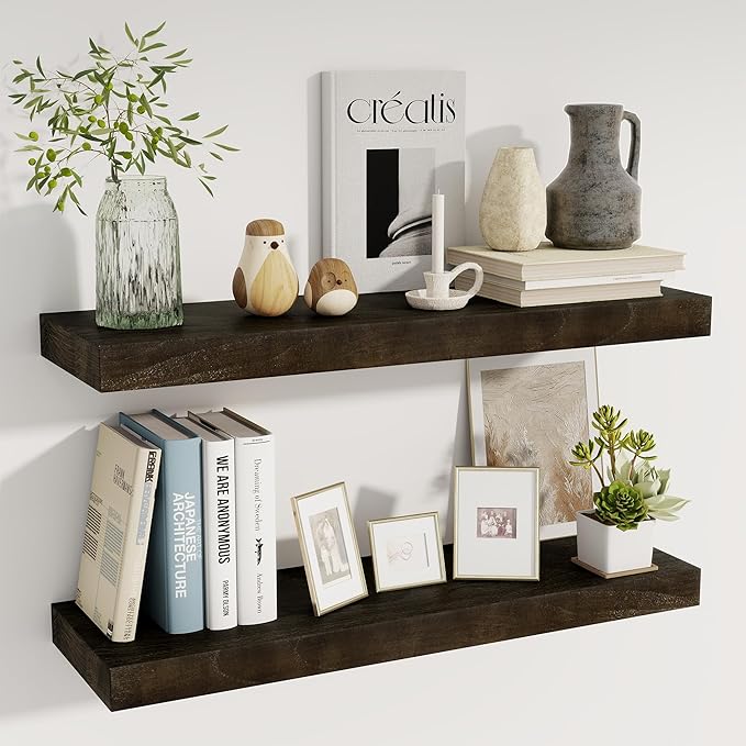 fuqing 30 Inch Floating Shelves for Wall - 9.3 Inch Deep Natural Wood Shelves Set of 2-30W x 9.3D x 1.6H Wall Mounted Shelves with Upgraded Metal Brackets for Room Wall