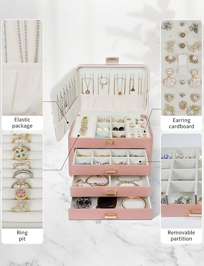 KAMIER Jewelry Organizer Box for Women - 4 Layer Drawer Jewellery Storage with Lock and Mirror - Jewelry Case for Necklaces Rings Bracelets Earring Holder Organizers (Pink)