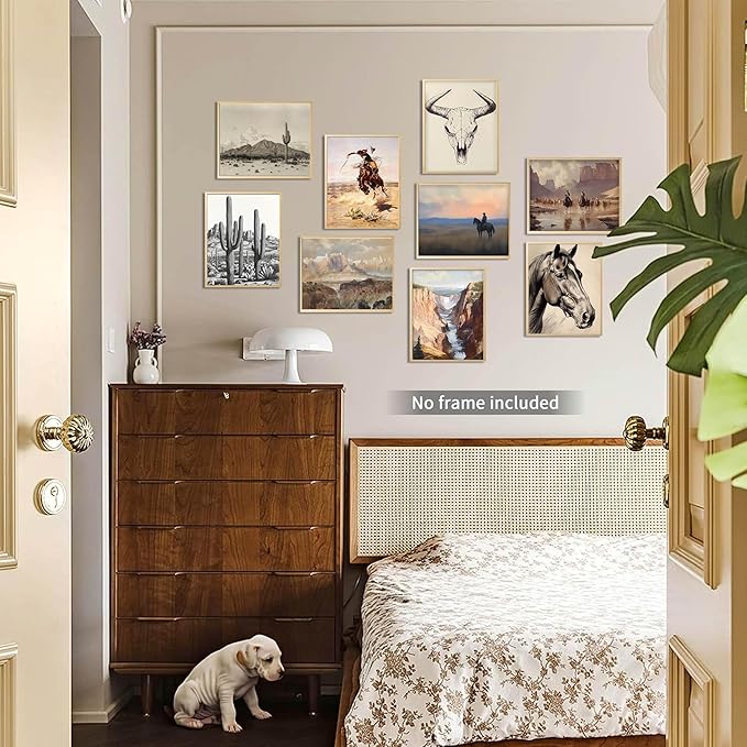 SEHSUVC Western Wall Art Set of 9, Cowboy Horse Cactus Skull Desert Landscape Canvas Prints, Southwestern Rustic Vintage Posters for Living Room Bedroom Office Home Decor 8x10 Inch Unframed