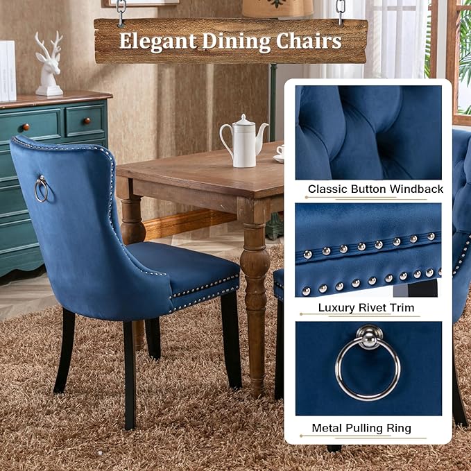 Goujxcy 78.7" Farmhouse Extendable Dining Room Table Set for 8, 9-Piece Rectangle Kitchen Dining Room Table Set with Wood Base and 8 Blue Velvet Dining Chairs, Extending Kitchen & Dining Table Set