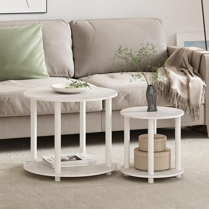 Furinno Turn-N-Tube Simple Design 2-Tier Round Wooden Small Coffee Table, Marble White