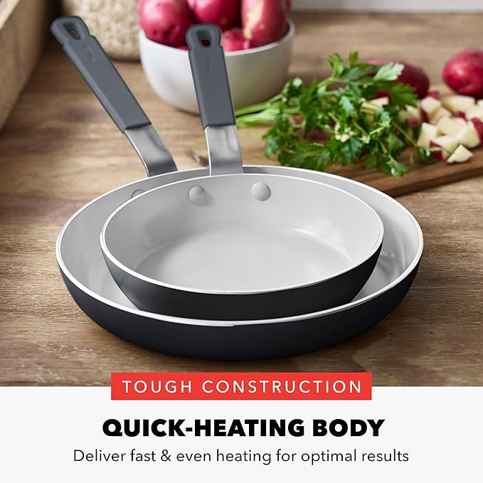 GreenPan x Bobby Flay 2 Piece- 8” and 10” Nonstick Frying Pan Skillet Set, PFAS-Free Diamond Ceramic, Induction Suitable, Stay-Cool Silicone Handle, Easy Clean Dishwasher & Oven Safe, Graphite