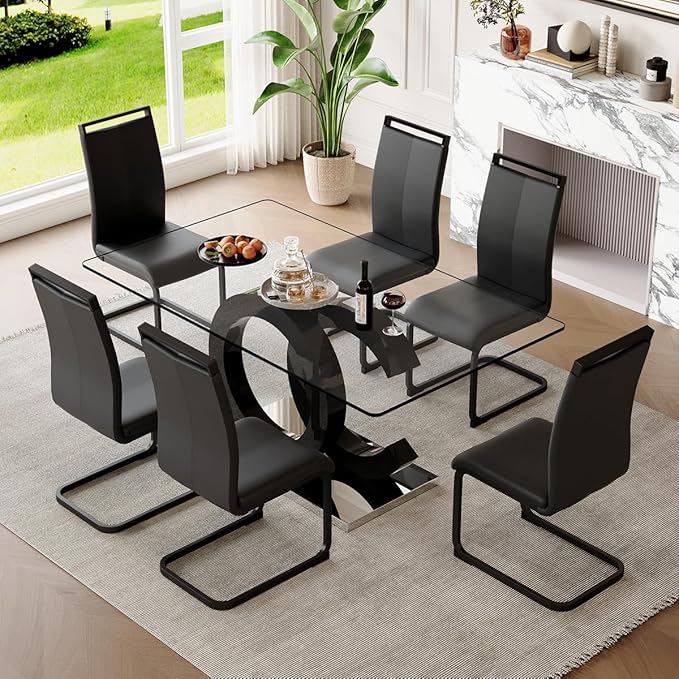 63'' Glass Dining Table Set for 6, Kitchen Table Chairs Set of 6, Clear Glass Dining Table with Black unique design Leg and Silver Metal Base, 6 PU Dining Chairs with Metal Legs, Living Room, Kitchen.