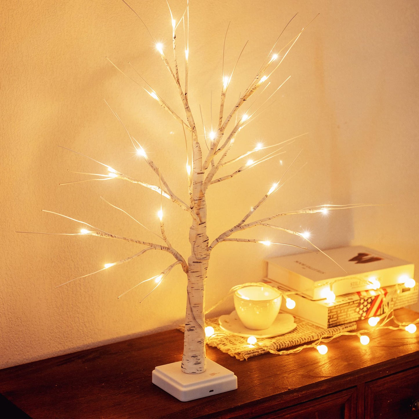 Woohaha Birch Tree Christmas Decorations Indoor for Home,2ft 24LED Warm White Light Up Birch Tree，Battery&USB Tabletop Timer Artificial Mini Christmas Tree with Lights for Holiday Party Wedding