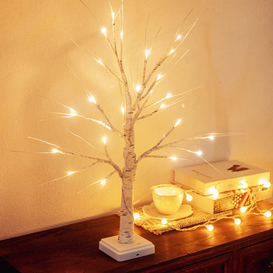 Woohaha Birch Tree Christmas Decorations Indoor for Home,2ft 24LED Warm White Light Up Birch Tree，Battery&USB Tabletop Timer Artificial Mini Christmas Tree with Lights for Holiday Party Wedding