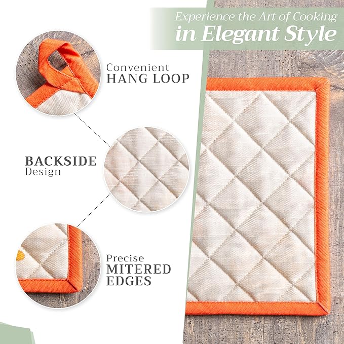 Maison d' Hermine Pot Holders 100% Cotton Heat Resistant Potholders 8" x 8" Hot Pads with Loop for Thanksgiving Christmas Decorations BBQ Cooking Handling Hot Pans (Pack of 1, Colours of Autumn)