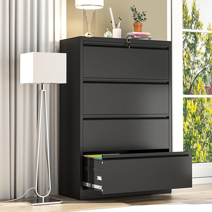 AQY 4 Drawer File Cabinet with Lock,Metal Lateral File Cabinets for Home Office,Steel Wide Filing Organization Storage Cabinets for Hanging Files Letter/Legal/F4/A4 Size Assembly Required(Black)