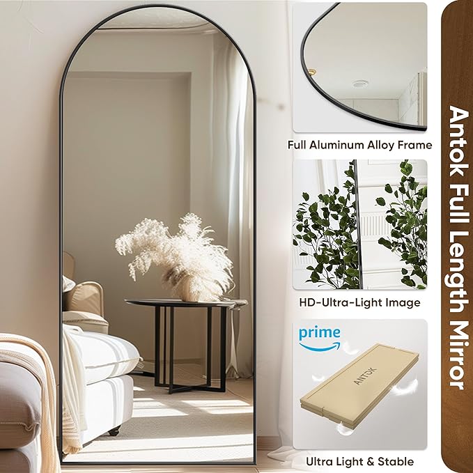 Antok Full Length Mirror, 59"x18.1" Floor Mirror with Stand, Hanging Mounted Mirrors for Bedroom, Living Room, Cloakroom, Dining Room, Black, Arched
