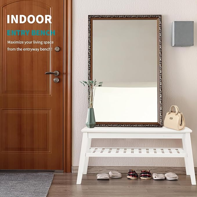 Nnewvante 33.46" Bamboo Dining Bench, 2 Tier Indoor White Storage Bench for Entryway, Outdoor Wooden Bench, Small Wood Benches for Front Porch, Living Room, Bedroom, Holds up to 300 lbs