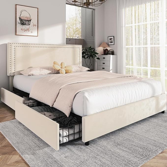 VECELO Full Size Upholstered Bed Frame with 4 Storage Drawers, Adjustable Velvet Rivet Decor Headboard, Wooden Slats Platform Support, No Box Spring Needed, Easy Assembly