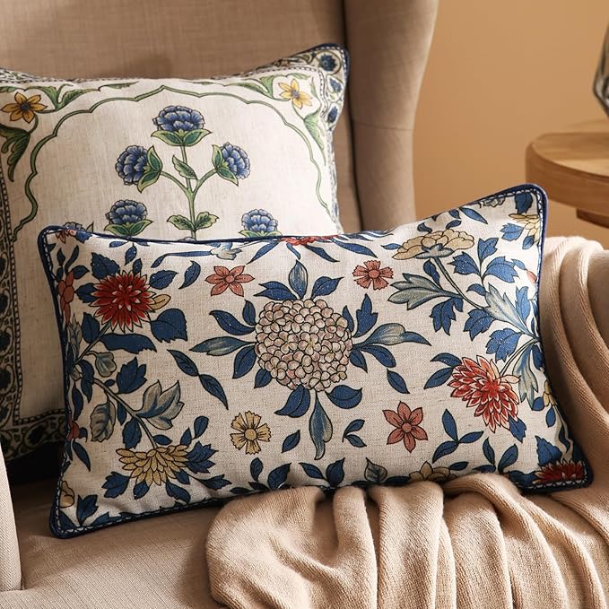 patdrea Designer Throw Pillow Covers Set of 2,Euro Elegant Linen with Colorful Blooming Floral Pattern Pillow Cover,Decorative Lumbar Pillowcases Cushion for Bed Living Room Outdoor Car,12"x20"