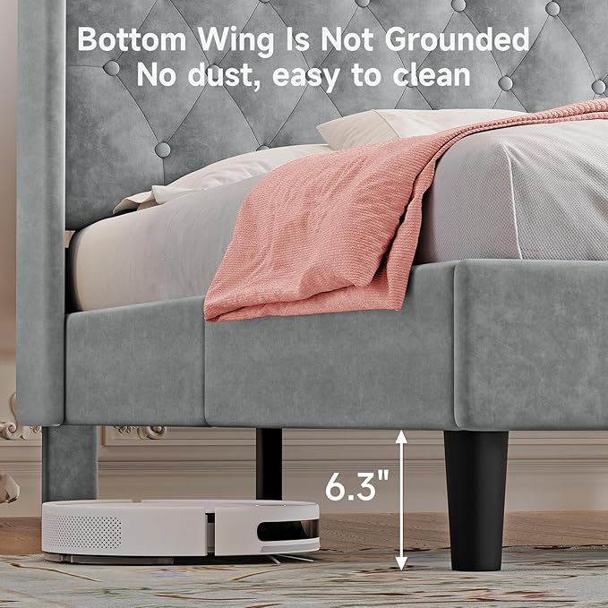 koorlian Full Size Bed Frame, Full Bed Frame with Headboard, Adjustable Velvet Upholstered Bed Frame with Type-C&USB Port, Wingback Storage Headboard, Solid Wood Slats Support, Noiseless, Light Gray