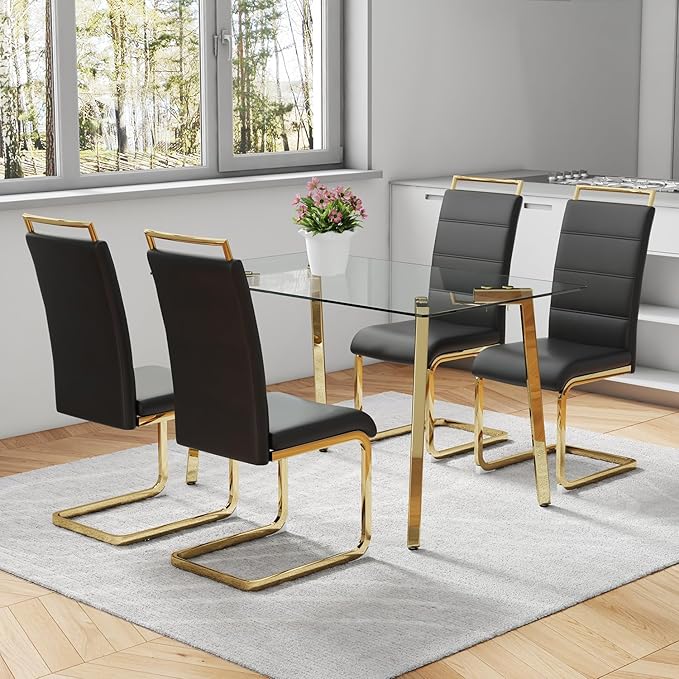 51" Glass Dining Table Set for 4,Small Kitchen Room Dining Table Set 4 with Chairs,Tempered Glass Top with Gold Legs,Easy to Assemble,Dinette Breakfast Nook