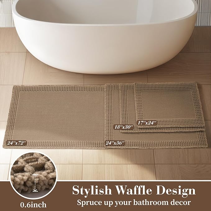 RESARE Waffle Bath Mat, Super Absorbent Non Slip, Machine Washable, Ultra Soft Boho Bath Rugs with Tassels, Upgraded Bordered Design, 17"x24" Brown