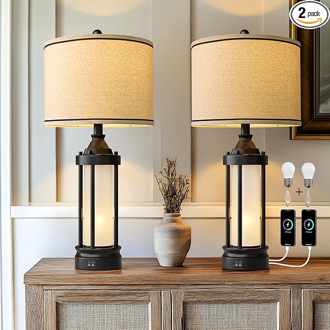 25'' Table Lamps for Bedroom Living Room Lamps Set of 2 Farmhouse Nightstand Bedside Lamps with USB Ports, Built-In Frosted Glass Night Light Industrial Metal Night Stand Lamp, Bulbs Included, Black