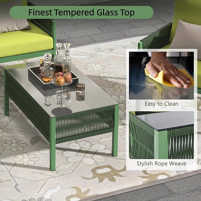4-Piece Rope Outdoor Furniture Set, Patio Conversation Set with Tempered Glass Table, Rope-Woven Furniture Set with Deep Seat Design for Backyards, Balconies, Fluorescent Yellow & Green