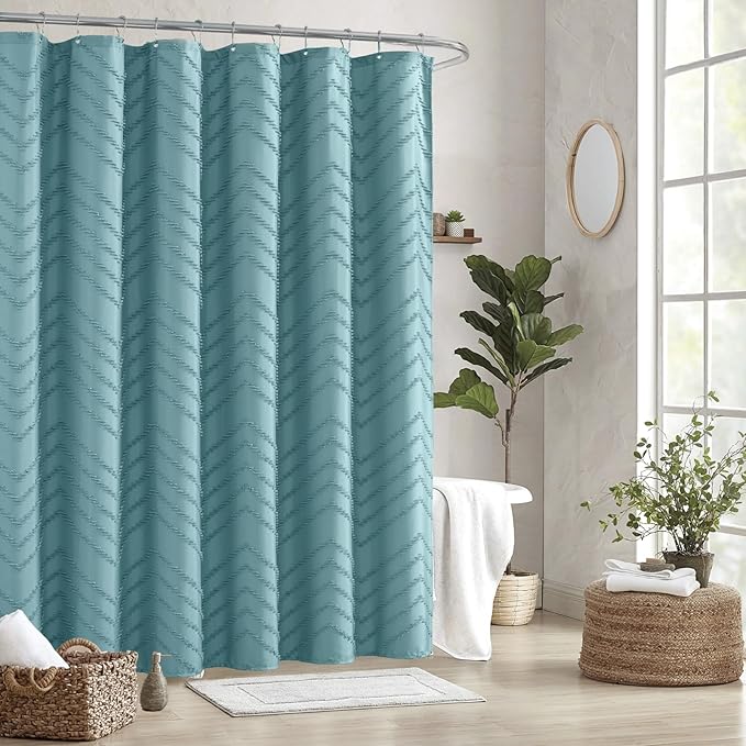 Teal Shower Curtain Boho Farmhouse Shower Curtain 72 x 72 Tufted Chevron Textured Minimalist Shower Curtains for Bathroom