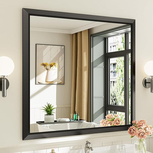 40x38 Inch Black Bathroom Mirror for Wall, Thick Metal Framed Rectangle Mirrors for Over Sink, Bedroom, Living Room, Entryway, Anti-Rust, HD Tempered Glass