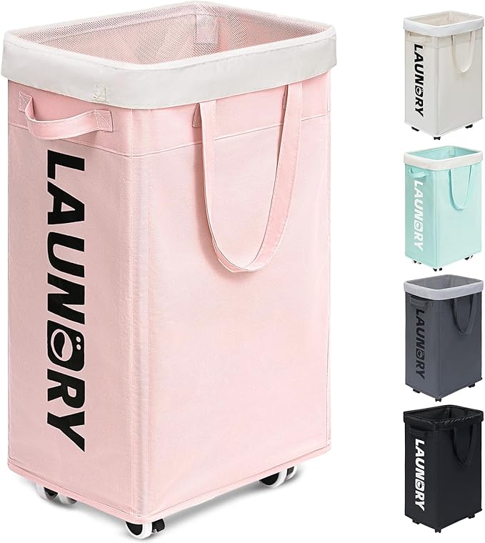 Goodpick Laundry Basket with Wheels, Dorm Room Essentials for Girls, 75L Collapsible Laundry Basket, Pink Laundry Hamper with Handle for College Dorm