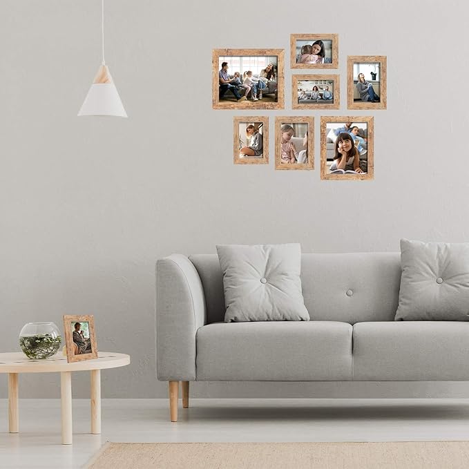 4x6 Picture Frame Set of 4, High Definition Real Glass Rustic Brown Frame, 4 x 6 Photo Frames for Tabletop Display and Wall Mounting