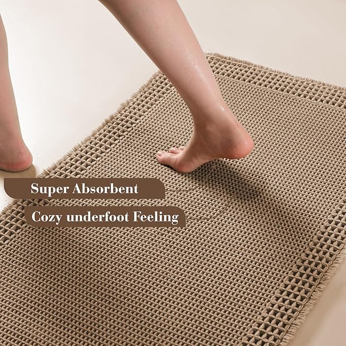 RESARE Waffle Bath Mat, Super Absorbent Non Slip, Machine Washable, Ultra Soft Boho Bath Rugs with Tassels, Upgraded Bordered Design, 17"x24" Brown
