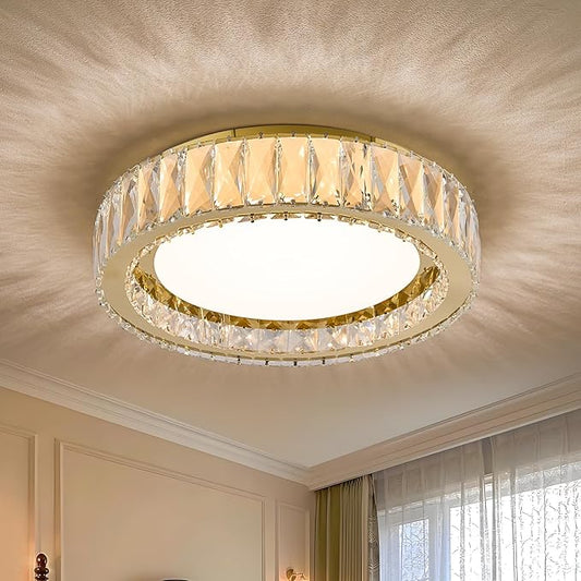 Modern K9 Crystal Dimmable LED Flush Mount Ceiling Light,15 Inch 36W/5CCT 3000K-6000K,Luxury Gold Round Large Close to Ceiling Lighting Fixtures for Living Room,Kitchen,Bedroom,Dining Room