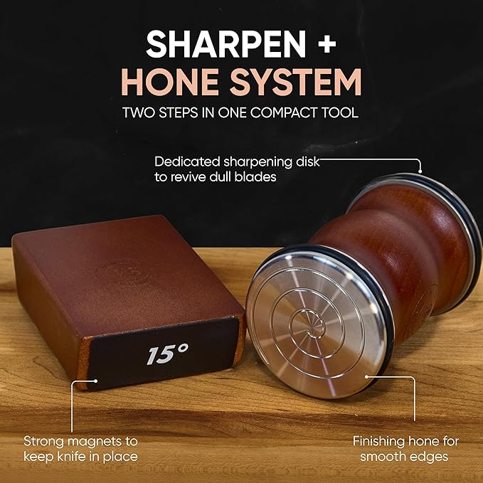 Rolling Knife Sharpener Kit – Premium Walnut Wood Kitchen Knife Sharpener for 15° & 20° Edge - Magnetic Knife sharpener with Diamond & Stainless Disc #1000/#3000