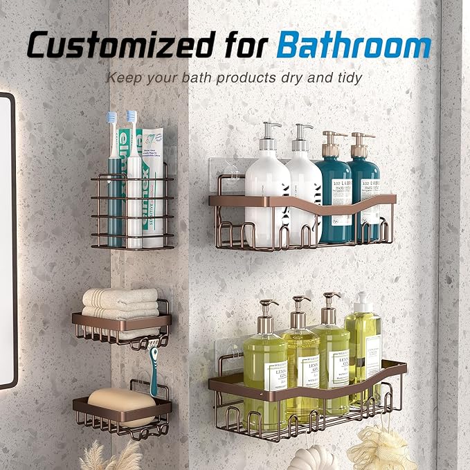 Adhesive Shower Caddy, No Drilling Bath Organizers 5 Pack, Rustproof Shelves with Soap Holder & Toothbrush Holder, Bathroom Organizers and Storage, Bronze