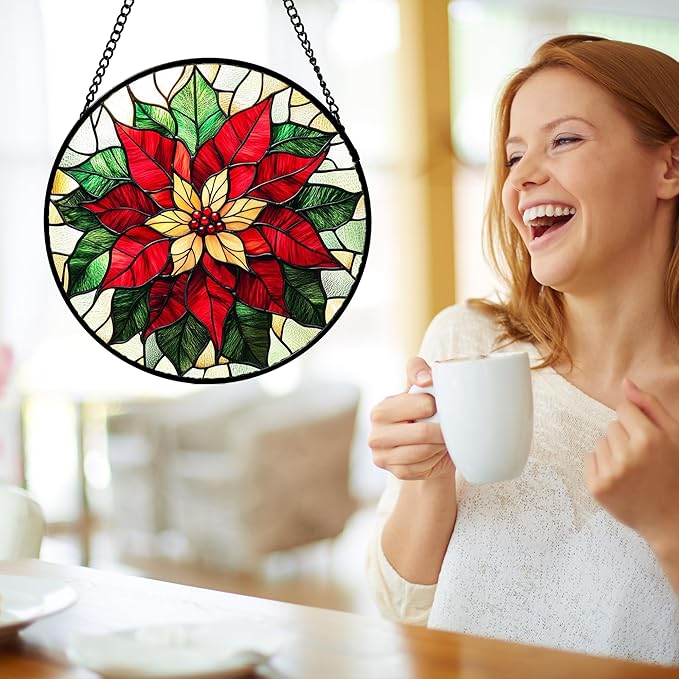 Stained Glass Window Hanging - Red Poinsettia Birth Flower Sun Catcher for Door Garden Home Decor Suncatcher Christmas Mother's Day Birthday Gifts for Women Men Mom Girl Nana Friend 6.3 in