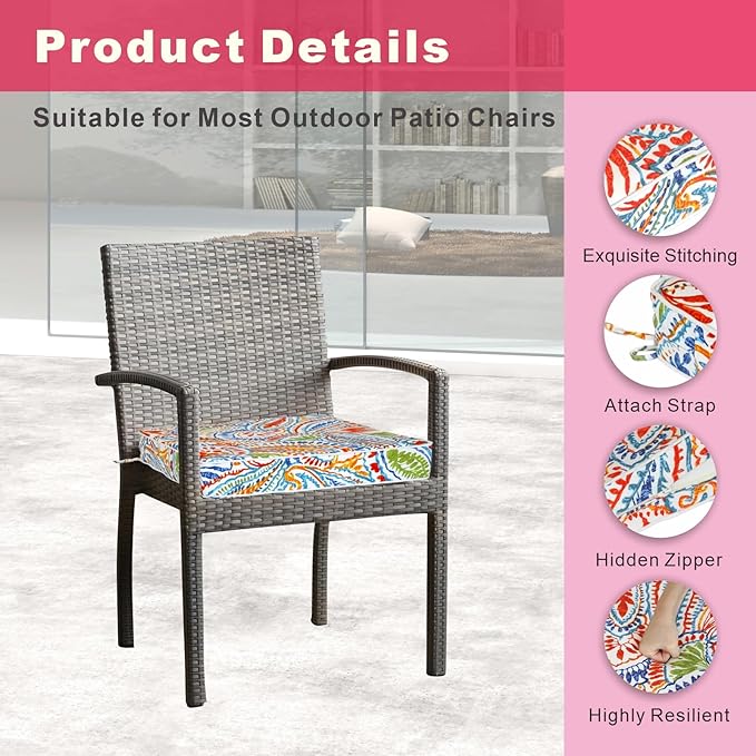 Outdoor Chair Cushions 19 x 19 Inch Set of 2 Water Resistant Seat Cushions with Ties, Outdoor Cushions for Patio Furniture with 3-Year Fade Resistant