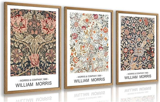 Cyebmo Wood Framed William Morris Wall Art Set of 3, Rustic Farmhouse Floral Wall Decor, Retro Flower Plants Aesthetic Picture, Vintage Botanical Art Prints for Living Room Bedroom Bathroom 12"x16"x3
