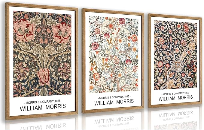 Cyebmo Wood Framed William Morris Wall Art Set of 3, Rustic Farmhouse Floral Wall Decor, Retro Flower Plants Aesthetic Picture, Vintage Botanical Art Prints for Living Room Bedroom Bathroom 16"x24"x3