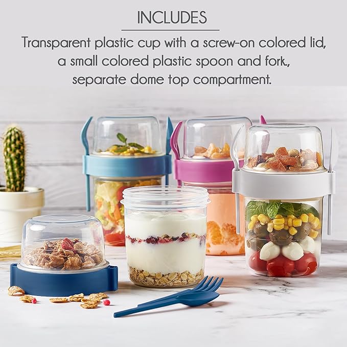 Crystalia Yogurt Parfait Cups with Lids, BPA FREE Reusable Yogurt Containers with Lids and Spoons, Take and Go Yogurt Cup with Topping Cereal or Oatmeal Container, Colorful Set of 4 (Large 22 oz)