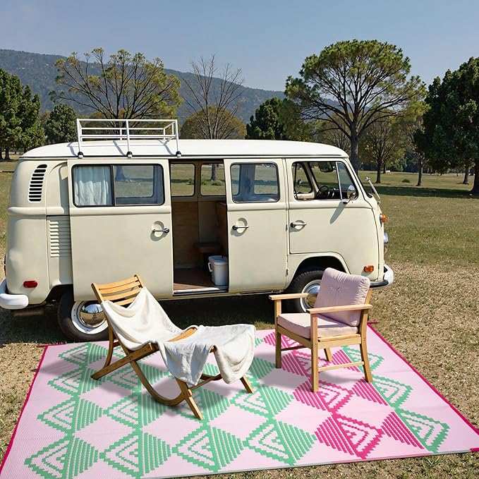 Beeiva Outdoor Rug Waterproof 6x9, Reversible Outdoor Plastic Straw Rug for Camping, Modern Geometric Large Patio Rugs for Porch, Deck, Backyard, Balcony, Picnic - Pink & Green
