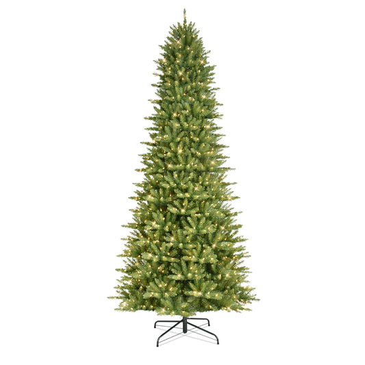 Puleo International 9ft Pre-Lit Slim Fraser Christmas Tree with 800 Clear Lights, 2093 Realistic Dense Branch Tips, Easy Setup Artificial Trees with Sturdy Metal Stand